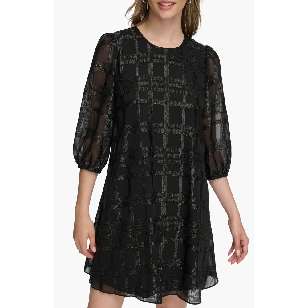 Calvin Klein Metallic Windowpane Trapeze Dress | Black | Size 16 | Sheer Sleeve